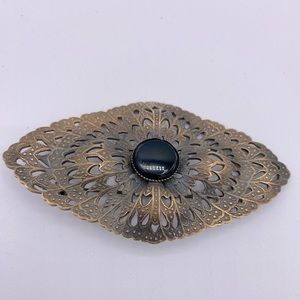 Vintage Victorian Antique Gold Toned Filigree Statement Brooch With Black Stone